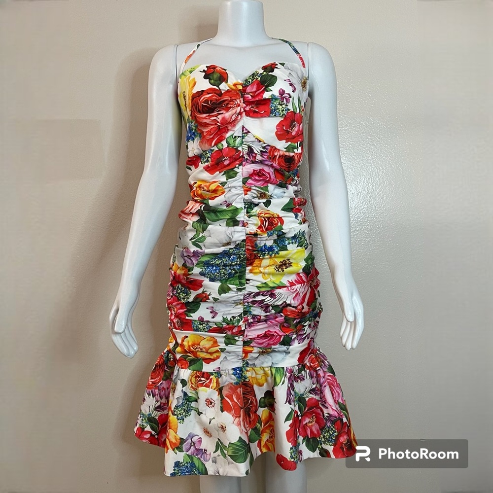 White floral print halter neck ruched bodycon ruffle hem mini dress